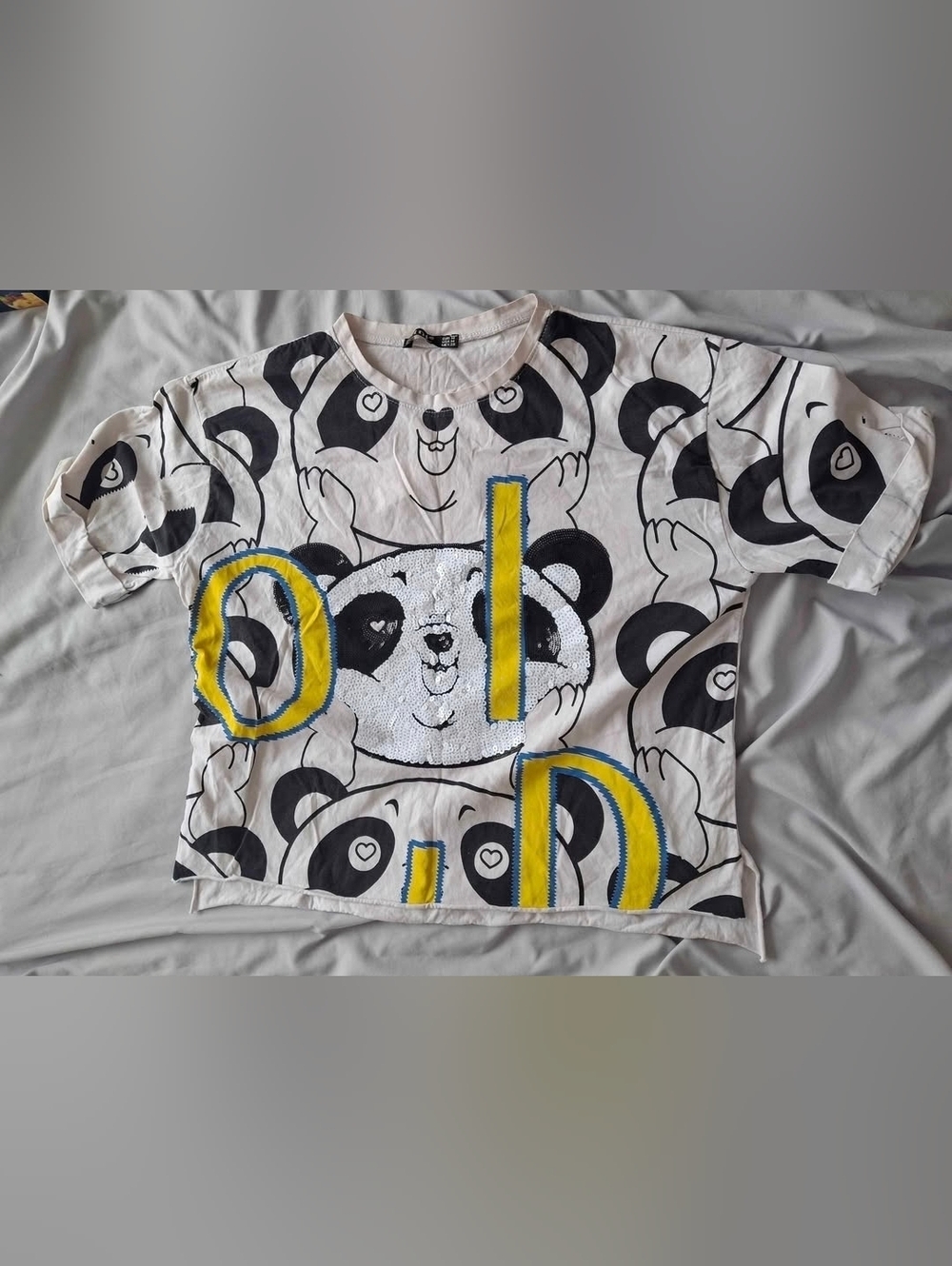 Panda Graphic Sequin Tee with Yellow Accent Crop T-shirt
